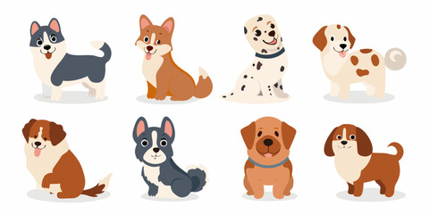 various dog breeds in cute flat vector style on white background dogs puppies canines husky dalmatian beagle collie illustration design © Apurba