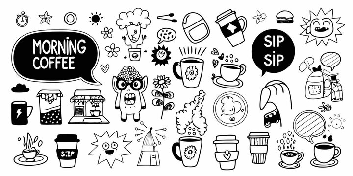 coffee themed doodles in black and white hand drawn style hand drawn black and white sketch mug cup morning sip cafe sun flower