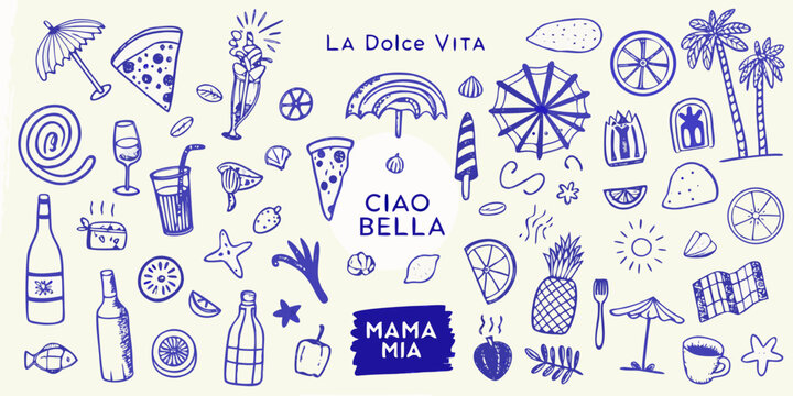 large collection of hand drawn blue doodles on cream background illustration sketches italian theme pizza slice wine bottle pineapple umbrella