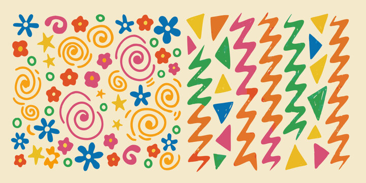 hand drawn abstract pattern with colorful shapes and swirls triangles flowers zigzags circles stars vector illustration artistic creative dynamic chaotic