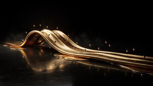 Flowing liquid gold wave with floating spheres on black background