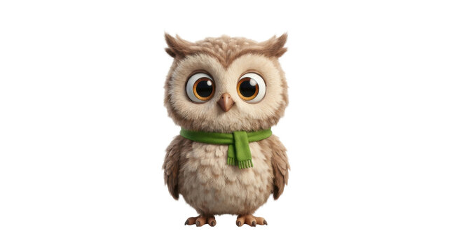 Adorable Owl Character: A cute, cartoonish owl with big, expressive eyes and a green scarf stands attentively, ready for adventure.