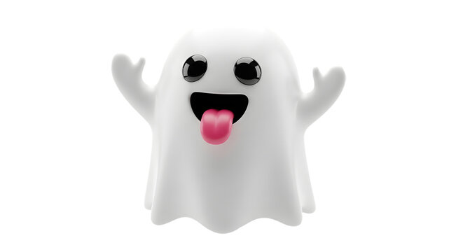 3d render of a cute white ghost character with a happy expression and tongue out isolated on transparent background