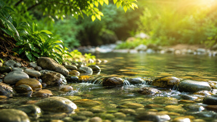 Fototapeta premium Sunlit Stream Flowing Over Smooth Stones