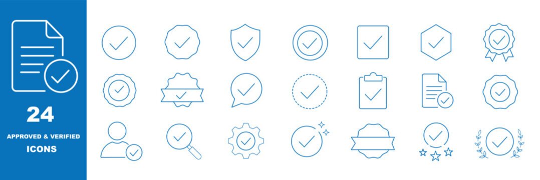 Checkmark icon set. Approval icons in line style. Editable web icons for agreement, vote, confirmation, choise, validation, completed tasks and verified status. Vector illustration. 