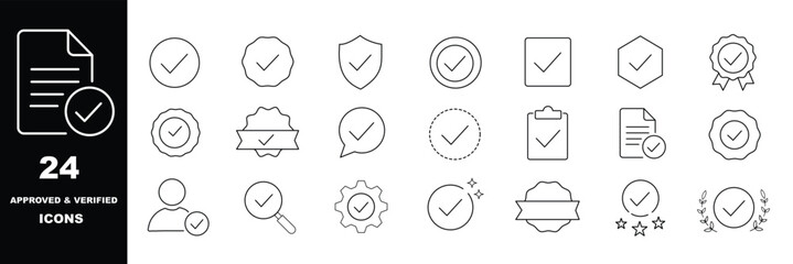 Checkmark and approve icon set in outline style. Collection of checkmark, approval, verified, success, confirmation, and validation icons. Editable stroke. Vector icon collection © HIKE  Studio  1