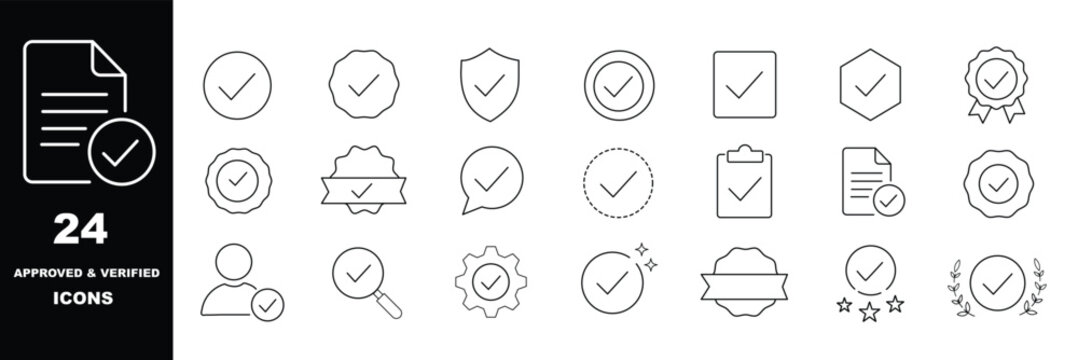 Checkmark and approve icon set in outline style. Collection of checkmark, approval, verified, success, confirmation, and validation icons. Editable stroke. Vector icon collection