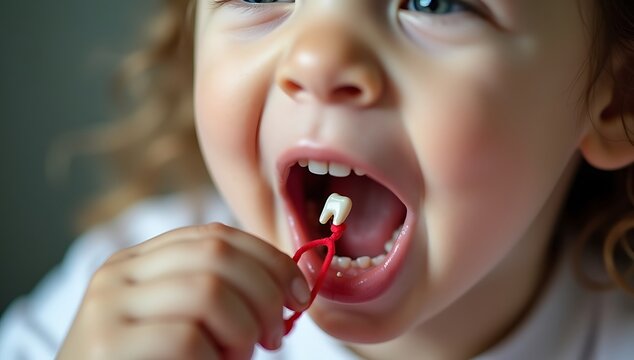 Close up of a young childs mouth as a loose tooth is being removed with tweezers.