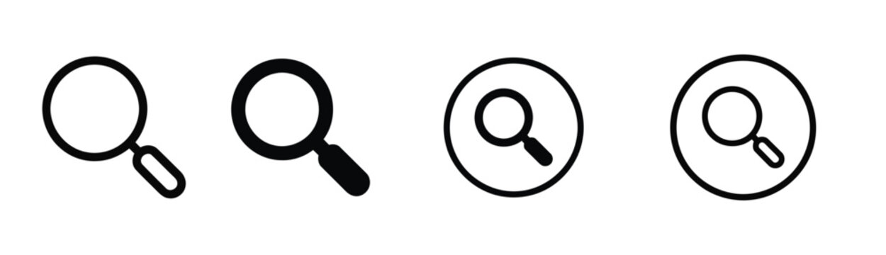 Search magnifying glass icon set with stroke weight and circular variations. Vector zoom, research, and analysis symbols for user interface (UI), mobile apps, and web design elements.