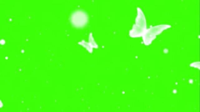 Festive animation of glowing white butterflies and sparkling magic particles on a green screen