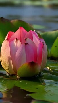 Beautiful water lily flower blooming on a tranquil pond, vertical video featuring graceful petals opening, gentle ripples and peaceful natural beauty