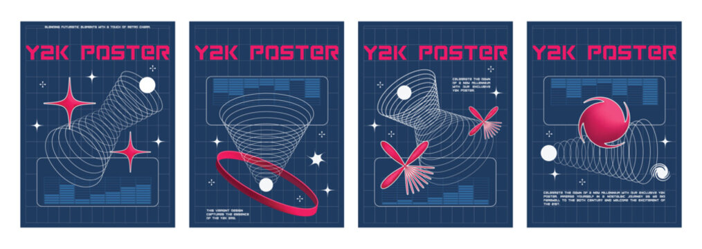 Retro futuristic y2k poster template set with grid background and starburst vector