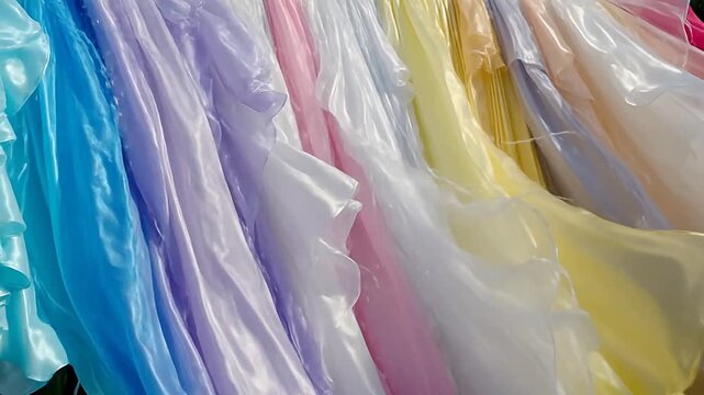A cascade of rainbow silk dancing through light