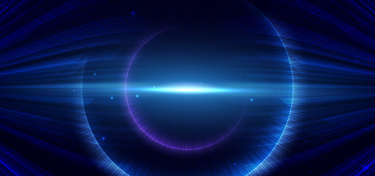 Hi-speed blue neon beams rays on dark blue background.