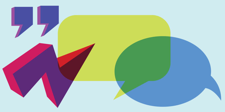 Abstract colorful speech bubbles and quotation marks design element with dialogue communication conversation illustration colorful abstract geometric creative template feedback thinking