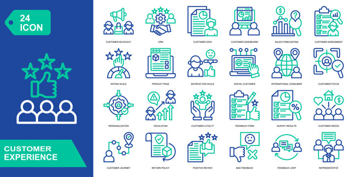 Customer Exsperience icon collection set. Customer Advocacy,CRM,Customer Data,Customer Dashboard. Line Color vector icons