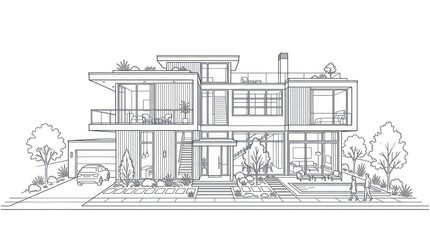Obraz premium Modern two story luxury house architectural sketch with car and pool in front yard design.