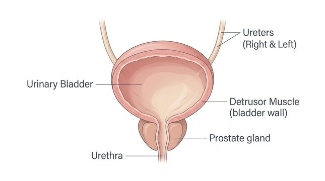 Anatomical diagram of human male urinary system with bladder ureters and prostate gland now.