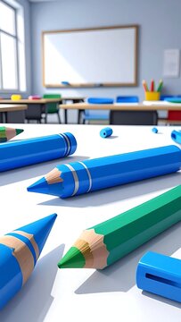 Colorful pencils on a desk in a classroom setting.