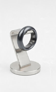 A sleek dark metallic accessory, perhaps a hematite band, elegantly presented on a contemporary silver display stand, symbolizing modern style and refined simplicity