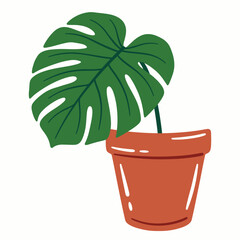 Monstera Deliciosa leaf in terracotta pot illustration on white background © Oktafianto
