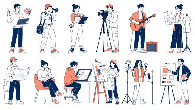 Creative Professional Character Set with Designer, Photographer, Illustrator, Filmmaker, Musician and Artist