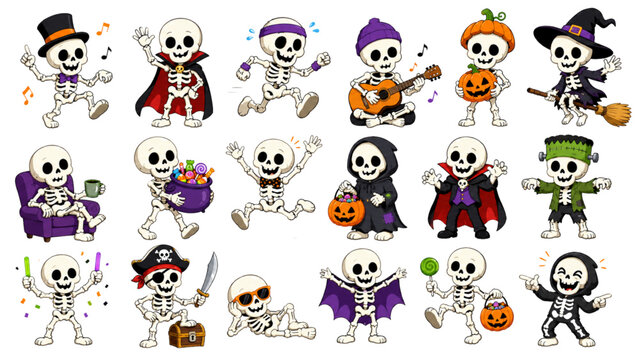 Cute Halloween Skeleton Character Set with Witch, Vampire, Pirate, Musician and Trick or Treat Costumes