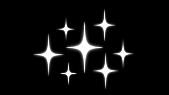 Twinkle star magic dust animation, blinking retro vector stars, 2D twinkling star in night sky, glowing sparkle effect, glittering star line and circle sparkle on black background, 4k video