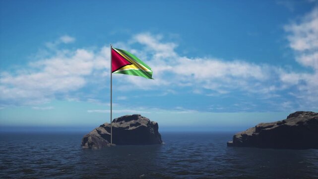 Guyana Flag Standing In The Middle Of The Ocean Near A Rock