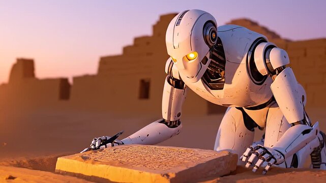 Robot uses a brush to carefully clean a dusty, ancient stone tablet engraved with hieroglyphs in a desert sand. Future artificial intelligence preserves, studies, and uncovers the history of humanity