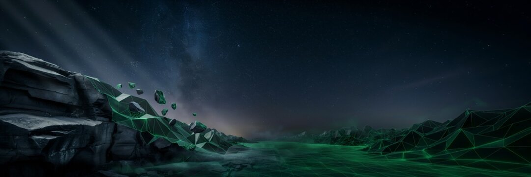 Futuristic Metaverse Landscape with Low Poly Neon Grid and Floating Geometric Shards for Virtual Reality Environments and Cyberpunk Game Concept Art Backgrounds