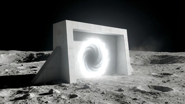 Quantum Wormhole Portal on Lunar Surface for Interdimensional Travel and Theoretical Physics Concept Art Backgrounds