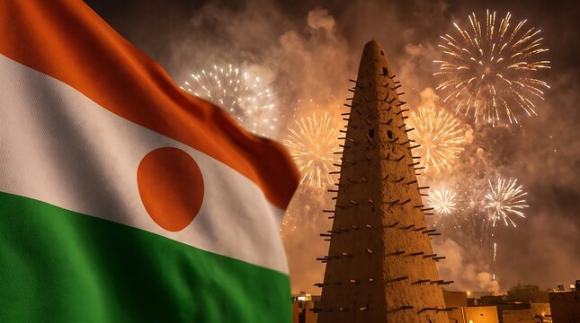 Niger national flag waving in foreground with Agadez Mosque minaret and celebratory fireworks display at night
