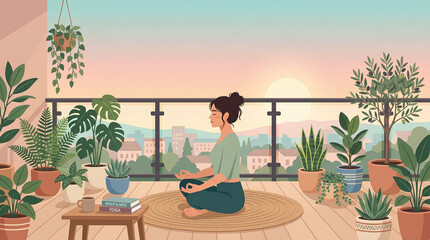 Fototapeta premium Woman meditating on a balcony. Girl practicing yoga at sunset. Peaceful lifestyle in urban garden.
