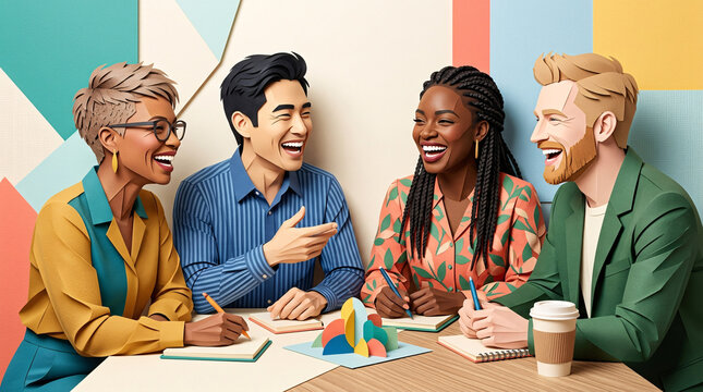 A diverse group of colleagues share a joyful moment around a table, their laughter and engaged expressions suggesting a positive and collaborative work environment.