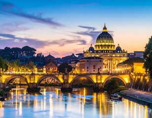 Fototapeta premium Illuminated cityscape at dusk, featuring domed church and arched bridge