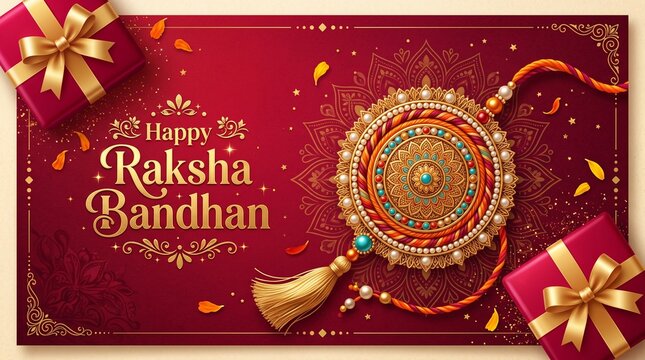 Greeting background with decorated rakhi and gift for Raksha Bandhan (Bond of protection and care) &ndash; Indian festival of sisters and brothers