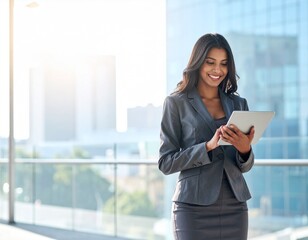 Fototapeta premium Indian female CEO using a tablet outdoors with a confident smile in a corporate campus.