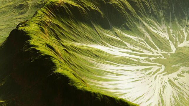 A mountain slope covered in green grass. The grass has unique patterns created by the landscape. Sunlight highlights the shapes on the surface.