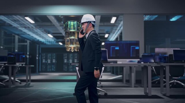 Side View of Asian Businessman Talking On Smartphone While Walking at Futuristic Quantum Computer Data Center Control Room