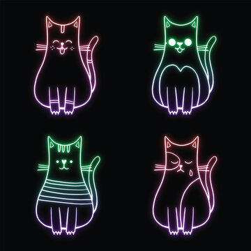 Funny sitting cat characters and expressive neon kitten icons with glowing green pink line art on black background