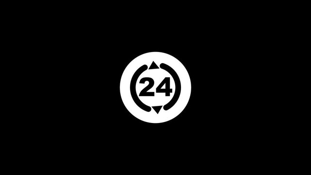 24-hour service icon on black background, seamless loop for business and support.