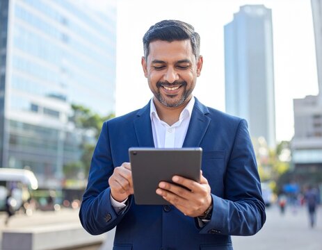 Indian business executive using a digital tablet outdoors with a confident smile.