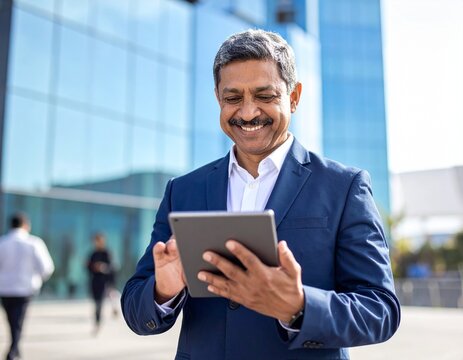 Middle-aged Indian corporate leader working on a touchscreen tablet in daylight.