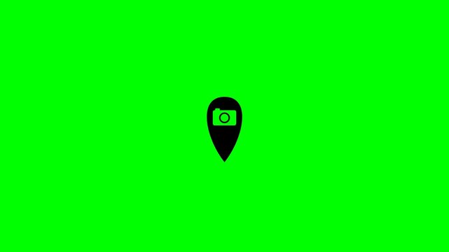 Location Pin Icon with Camera Symbol on Green Screen.