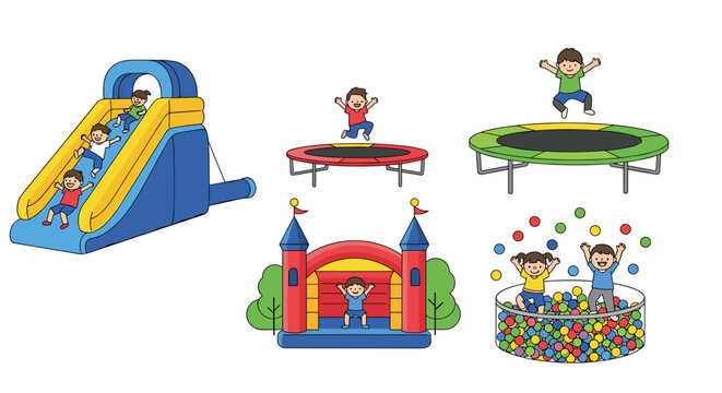 Children playing happily on various colorful inflatable structures including slides, trampolines, bouncy castles, and a ball pit.