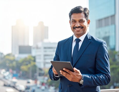 Professional Indian CEO smiling while browsing on a touchscreen tablet outside the office.