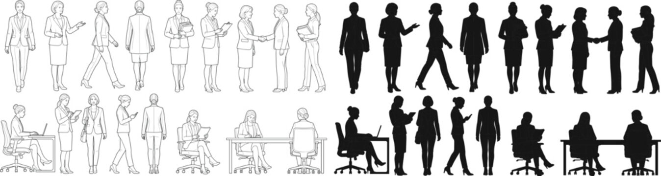 Business Women CAD Block Collection Office Staff Elevation Silhouette Vector Drawing Set