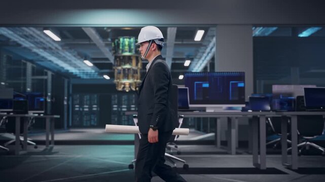 Side View of Asian Businessman Holding Blueprint While Walking at Futuristic Quantum Computer Data Center Control Room