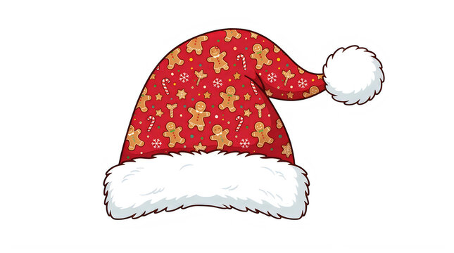 Merry Christmas Santa Christmas Santa hat, red festive holiday headwear, gingerbread pattern, cartoon illustration VECTOR